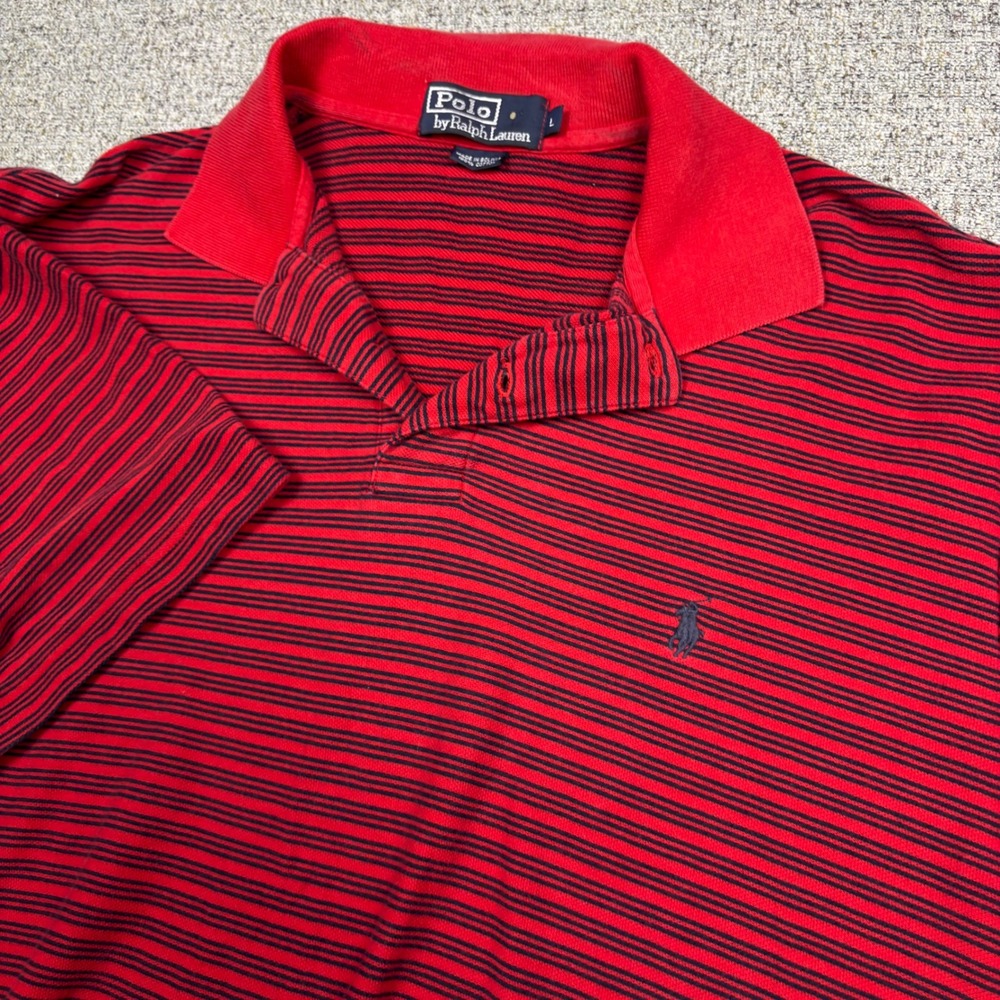 Polo Ralph Lauren Polo Shirt Mens Large Red Striped Short Sleeve Cotton